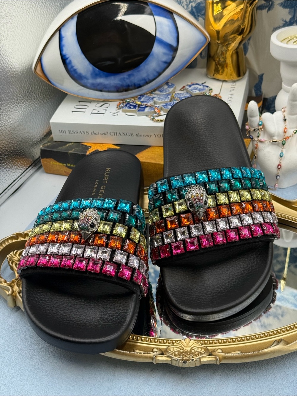 🧿🧿 KURT GEIGER LONDON Meena Eagle Jewel Crystal Studded Slide, Black Rainbow - Picture 10 of 14